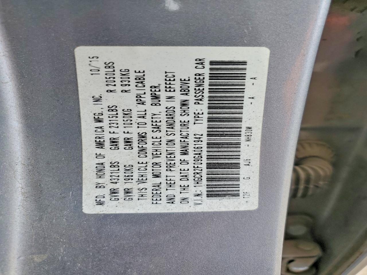 2016 HONDA ACCORD