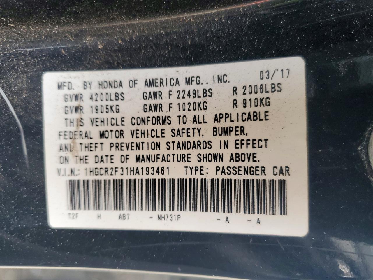 2017 HONDA ACCORD