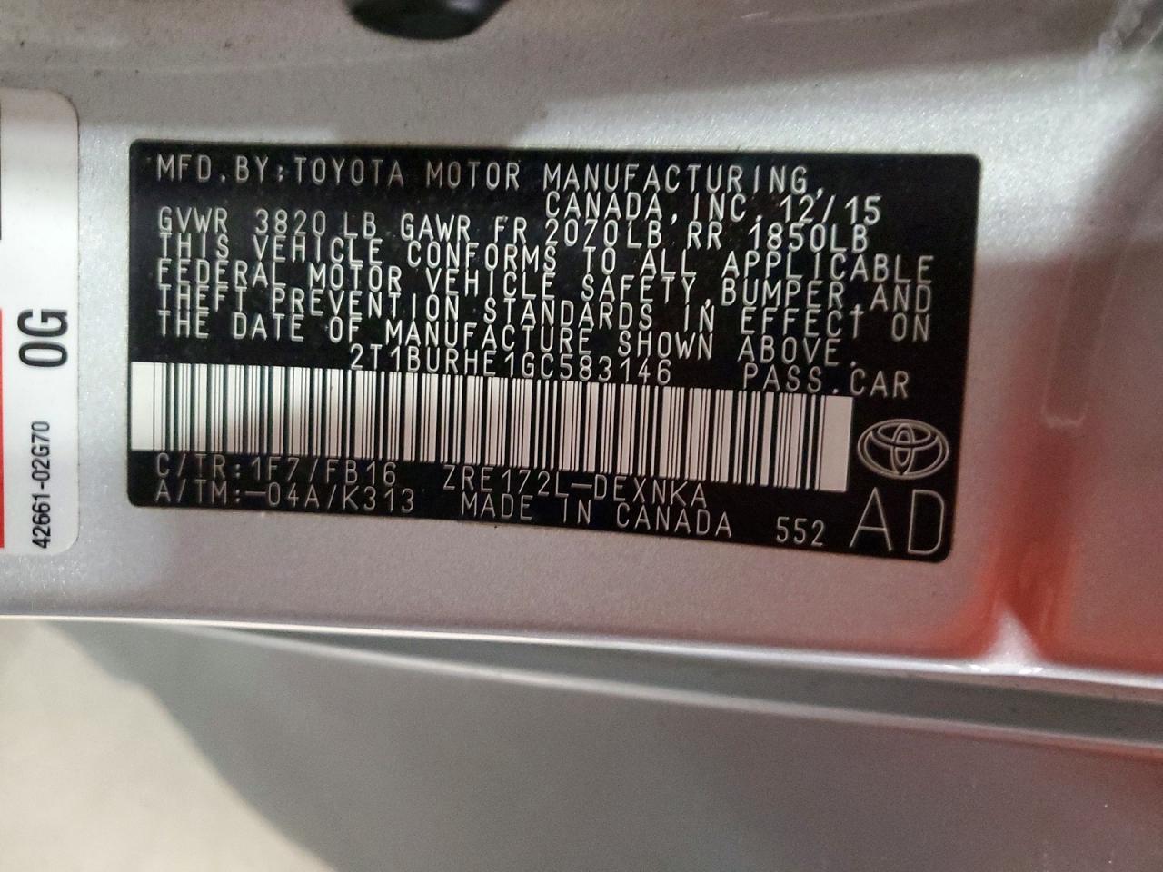 2016 TOYOTA COROLLA