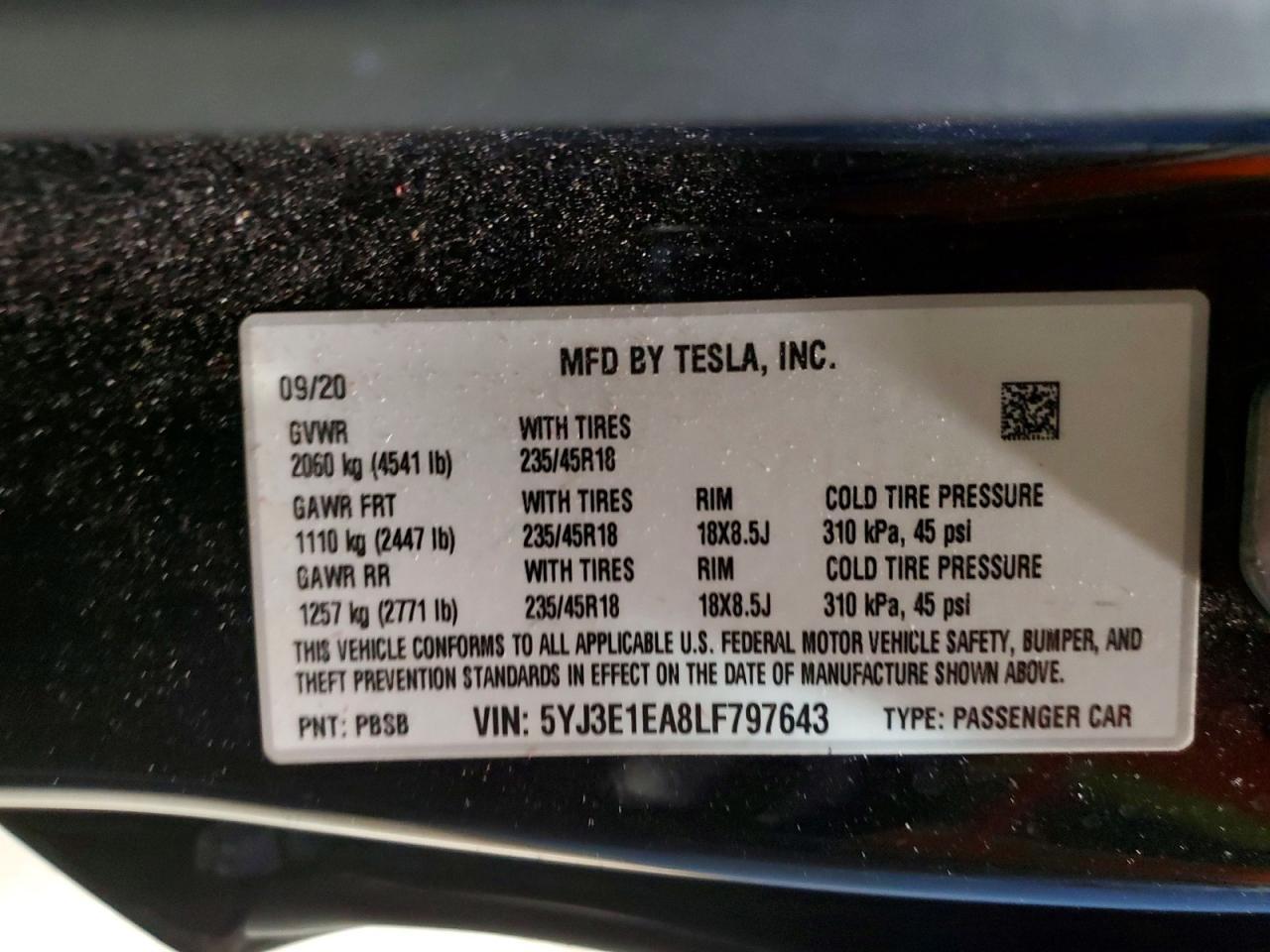 2020 TESLA MODEL 3