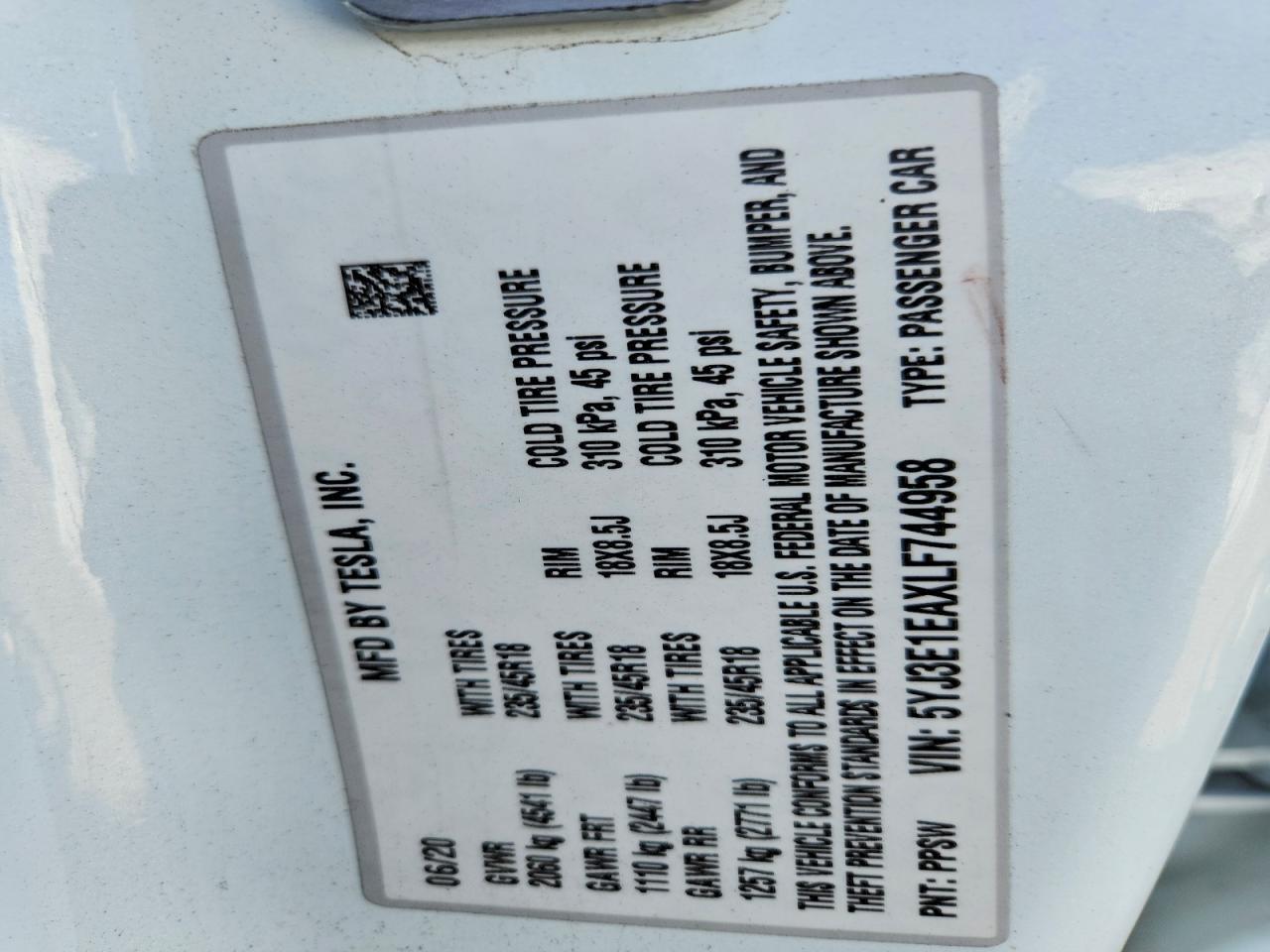 2020 TESLA MODEL 3
