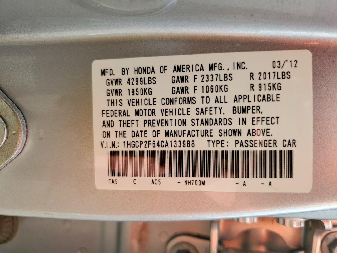 2012 HONDA ACCORD