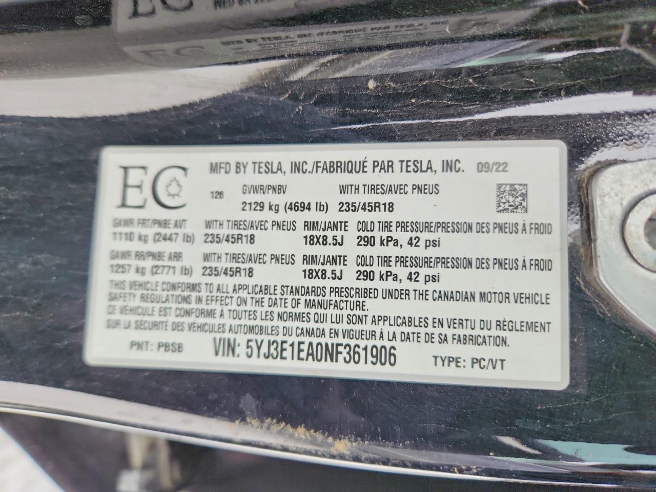 2022 TESLA MODEL 3