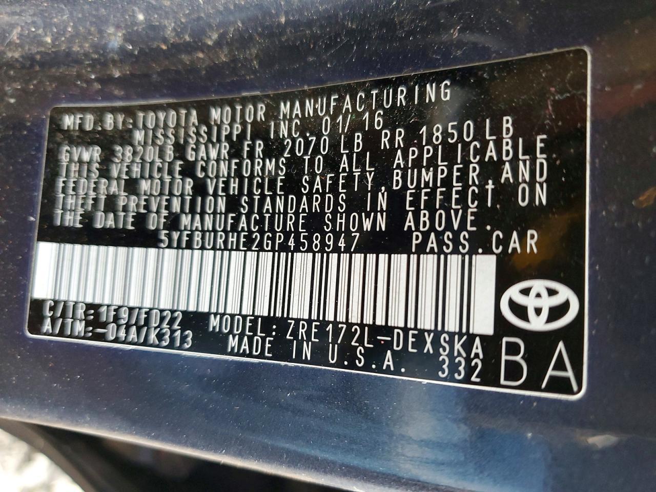 2016 TOYOTA COROLLA
