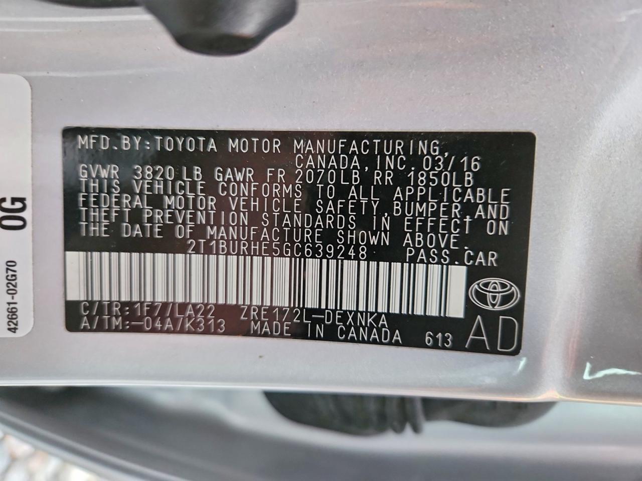 2016 TOYOTA COROLLA