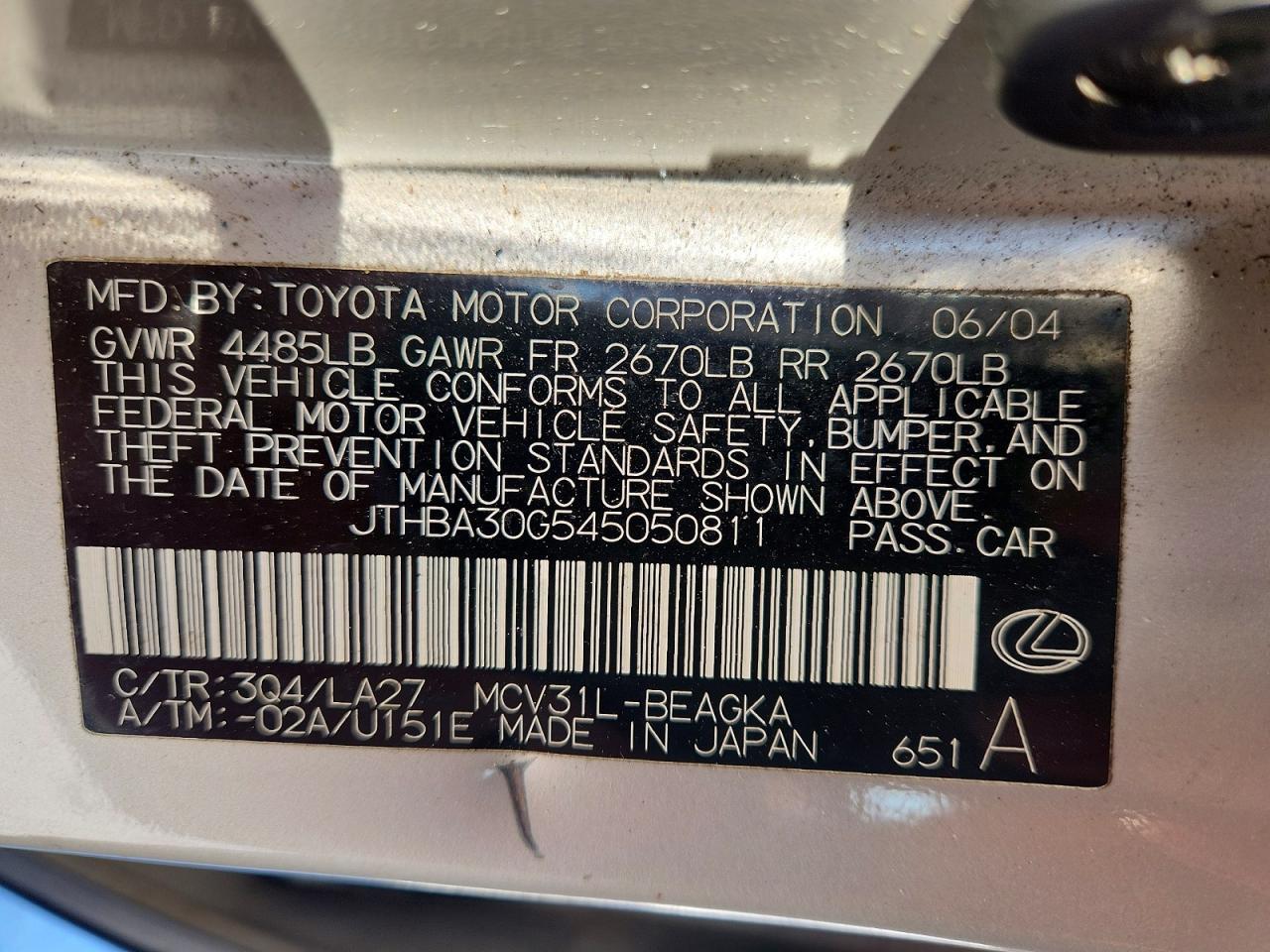 2004 LEXUS ES 330