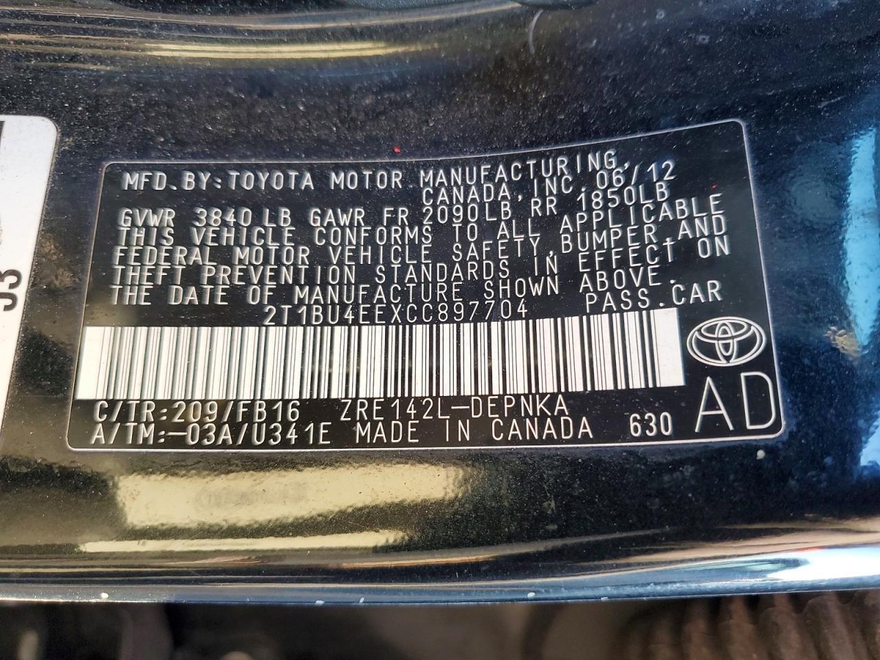 2012 TOYOTA COROLLA