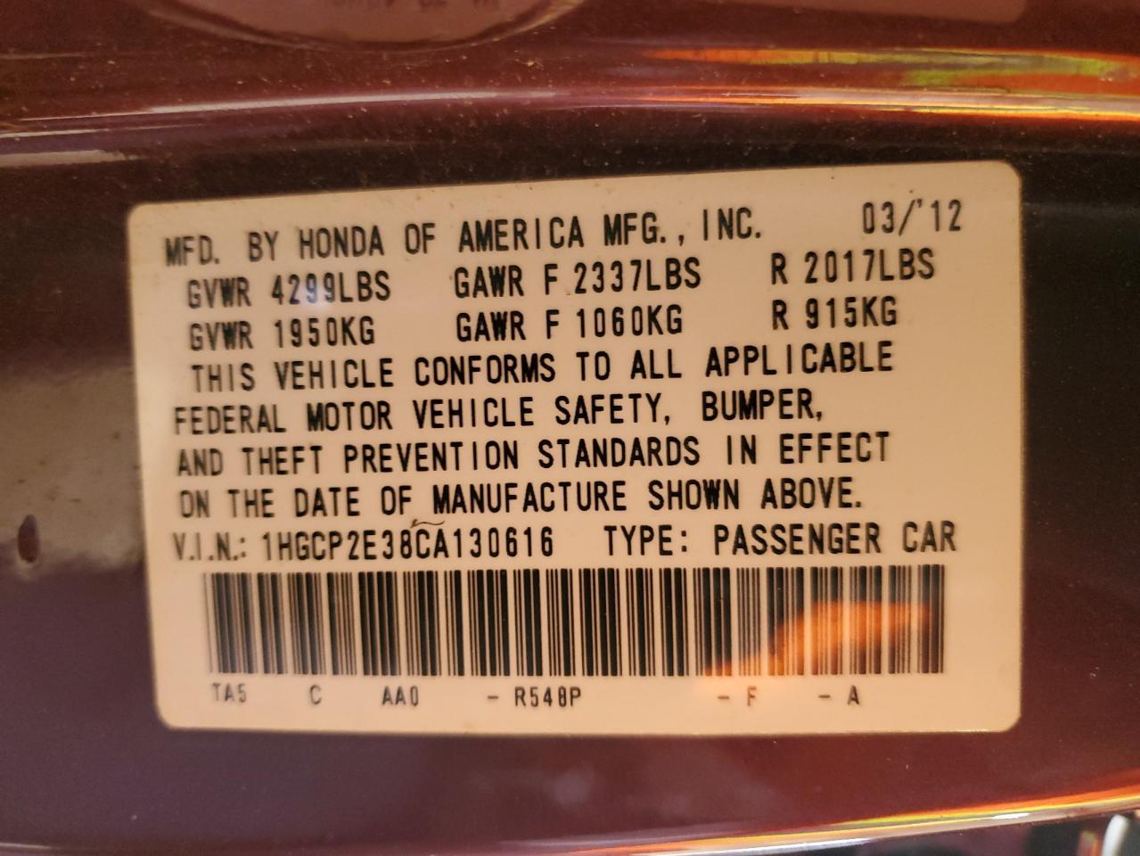 2012 HONDA ACCORD