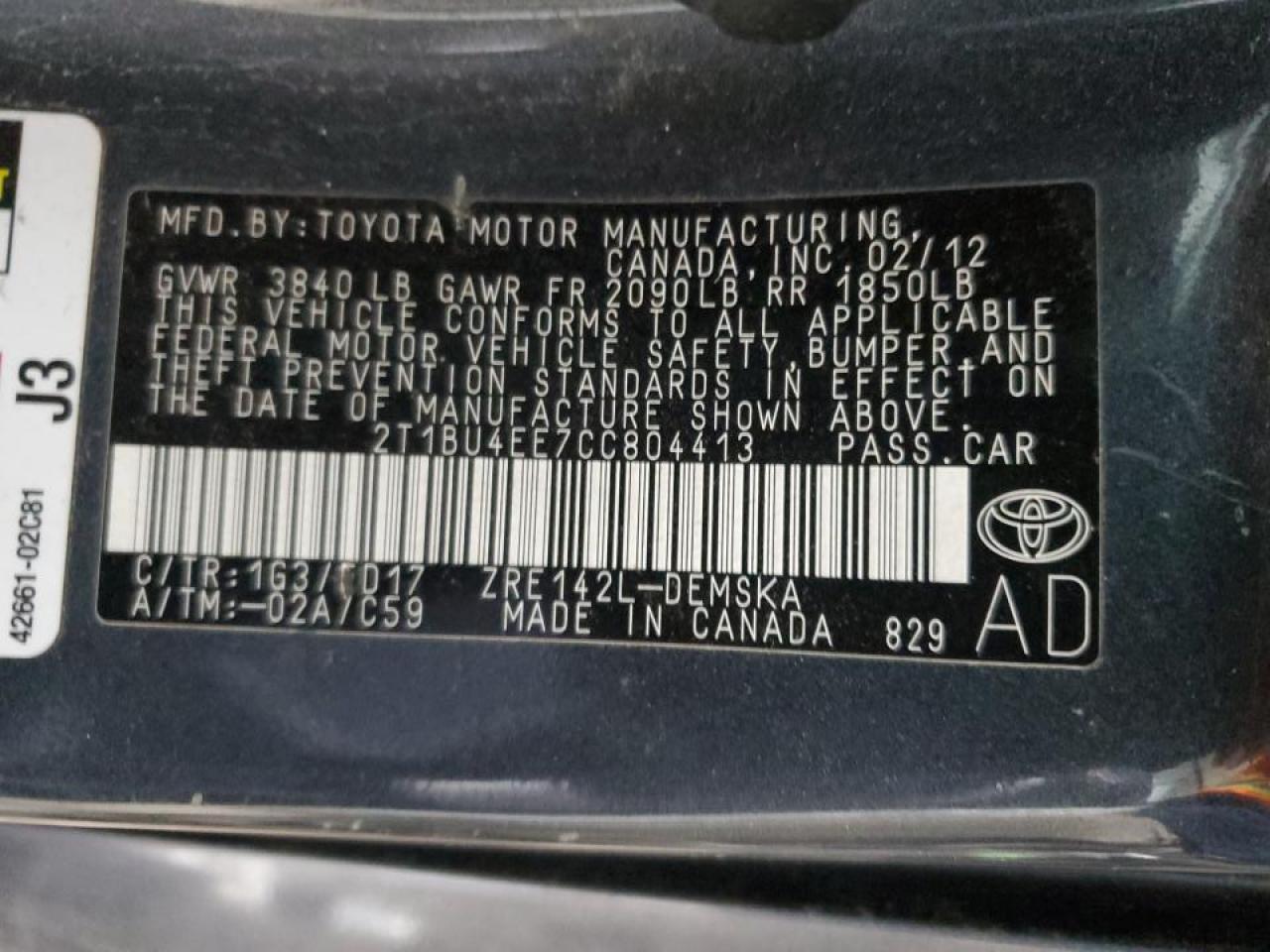 2012 TOYOTA COROLLA