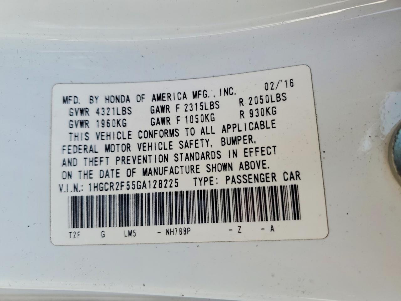 2016 HONDA ACCORD