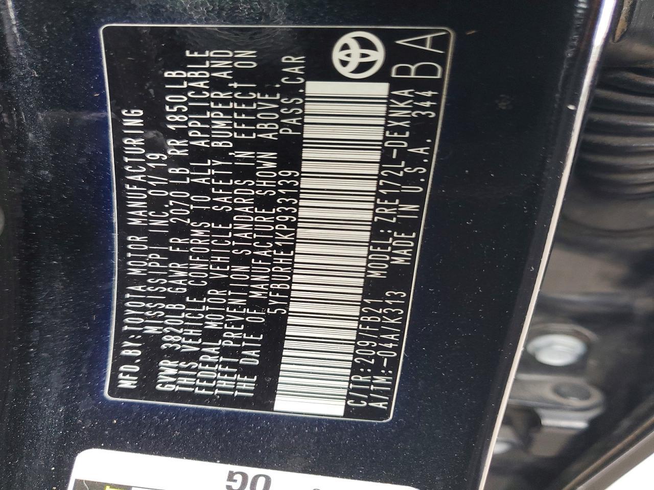 2019 TOYOTA COROLLA
