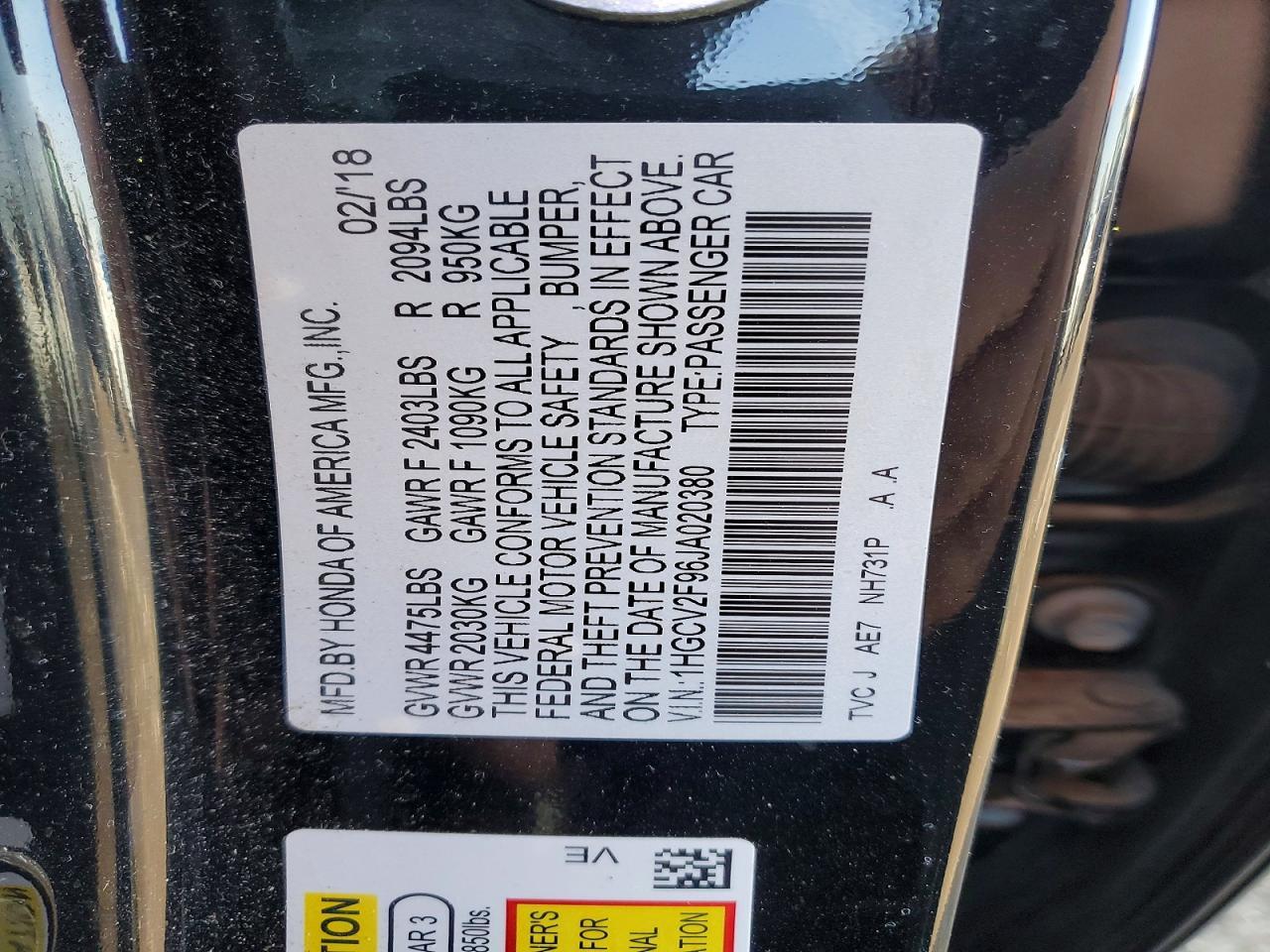 2018 HONDA ACCORD