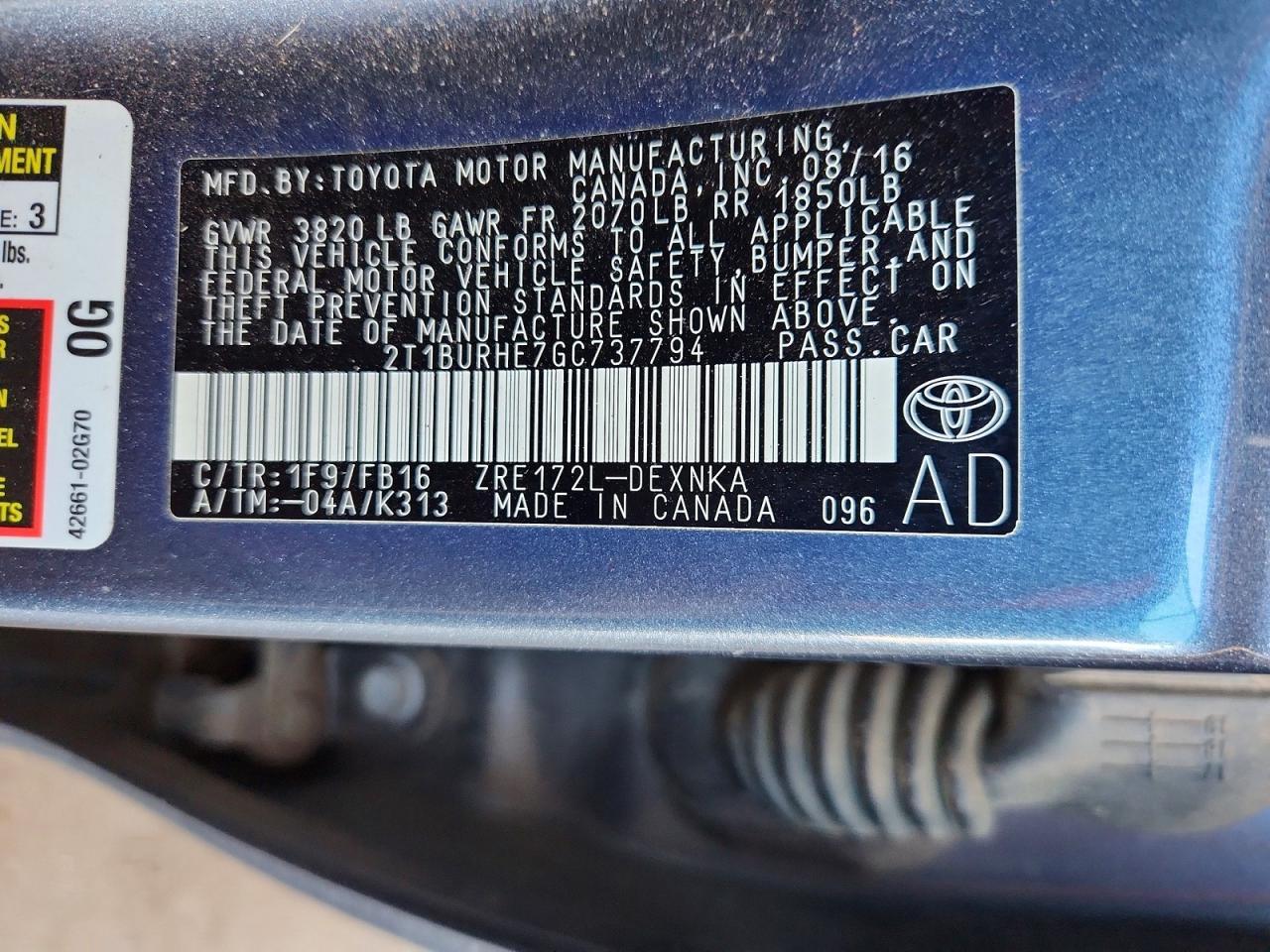 2016 TOYOTA COROLLA