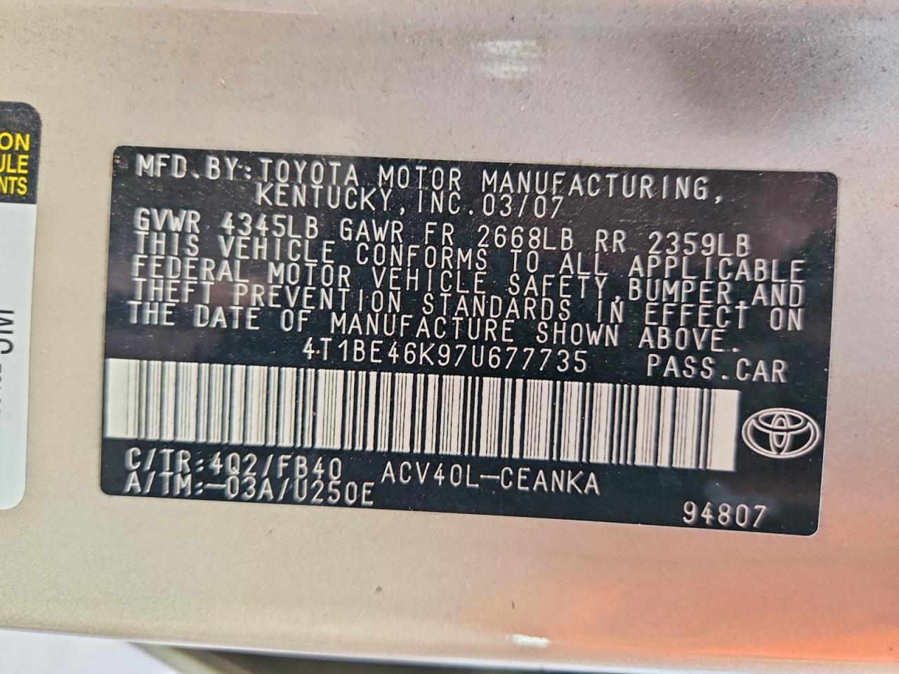 2007 TOYOTA CAMRY