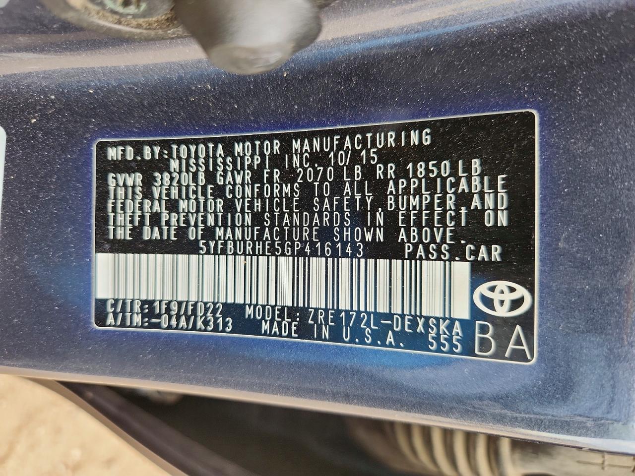 2016 TOYOTA COROLLA