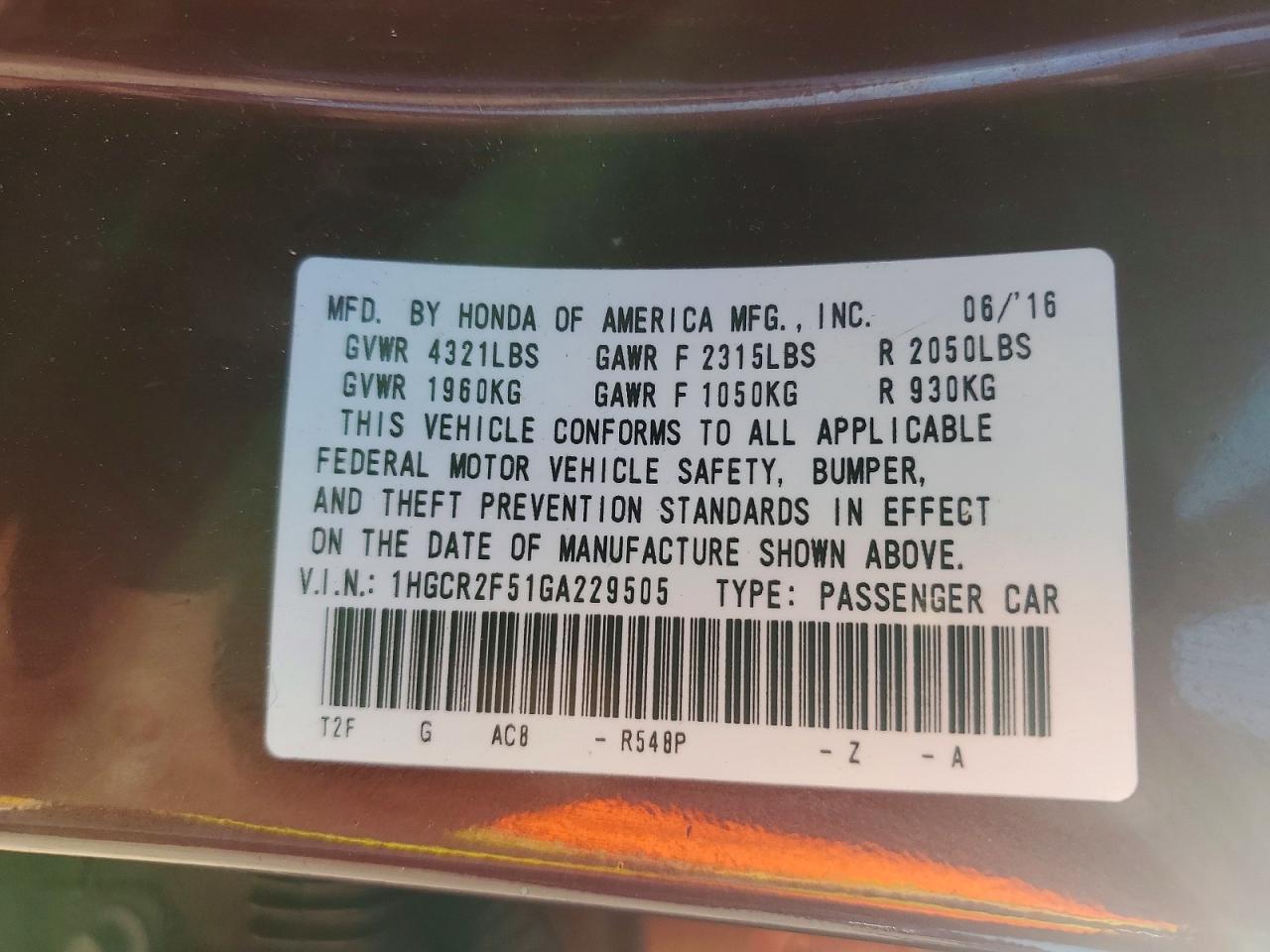 2016 HONDA ACCORD