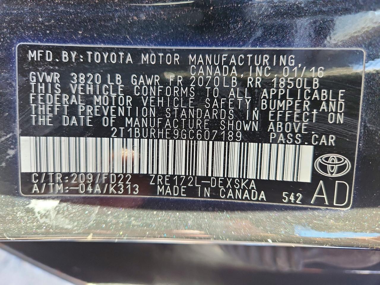 2016 TOYOTA COROLLA