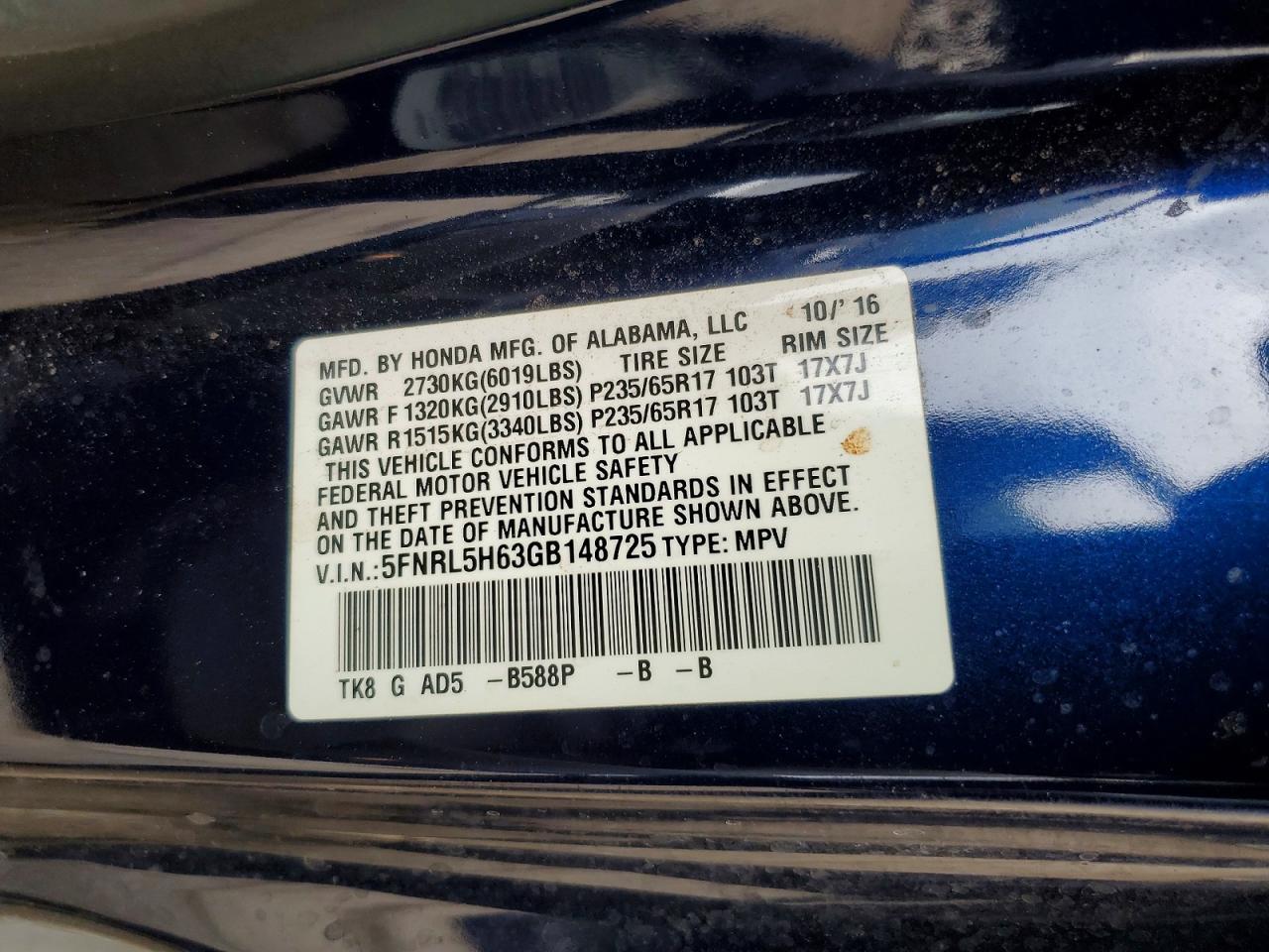 2016 HONDA ODYSSEY