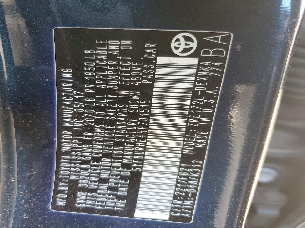 2017 TOYOTA COROLLA