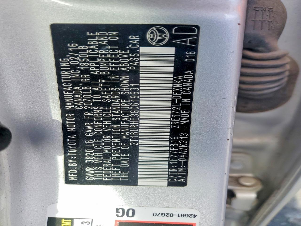 2016 TOYOTA COROLLA