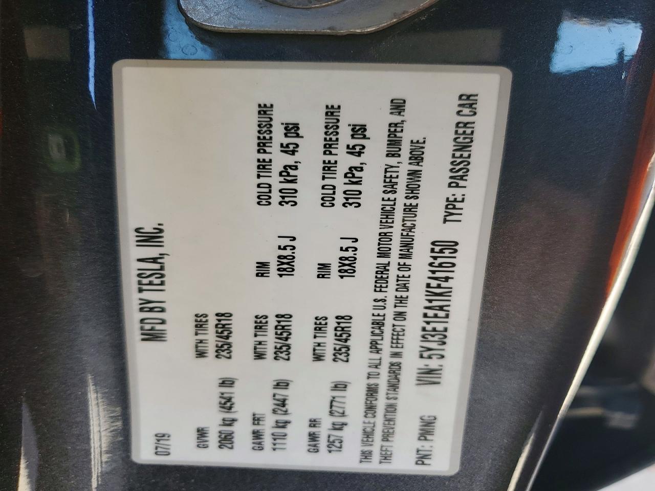2019 TESLA MODEL 3