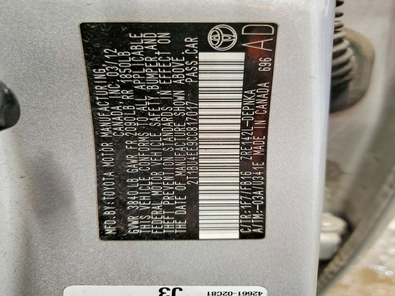 2012 TOYOTA COROLLA