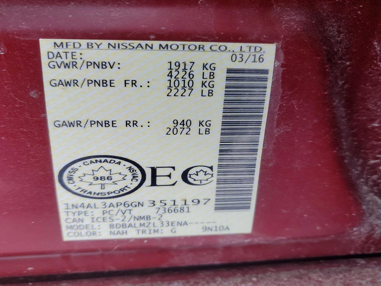 2016 NISSAN ALTIMA