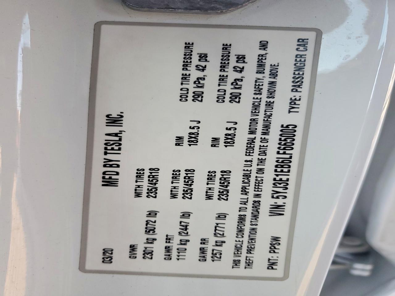 2020 TESLA MODEL 3