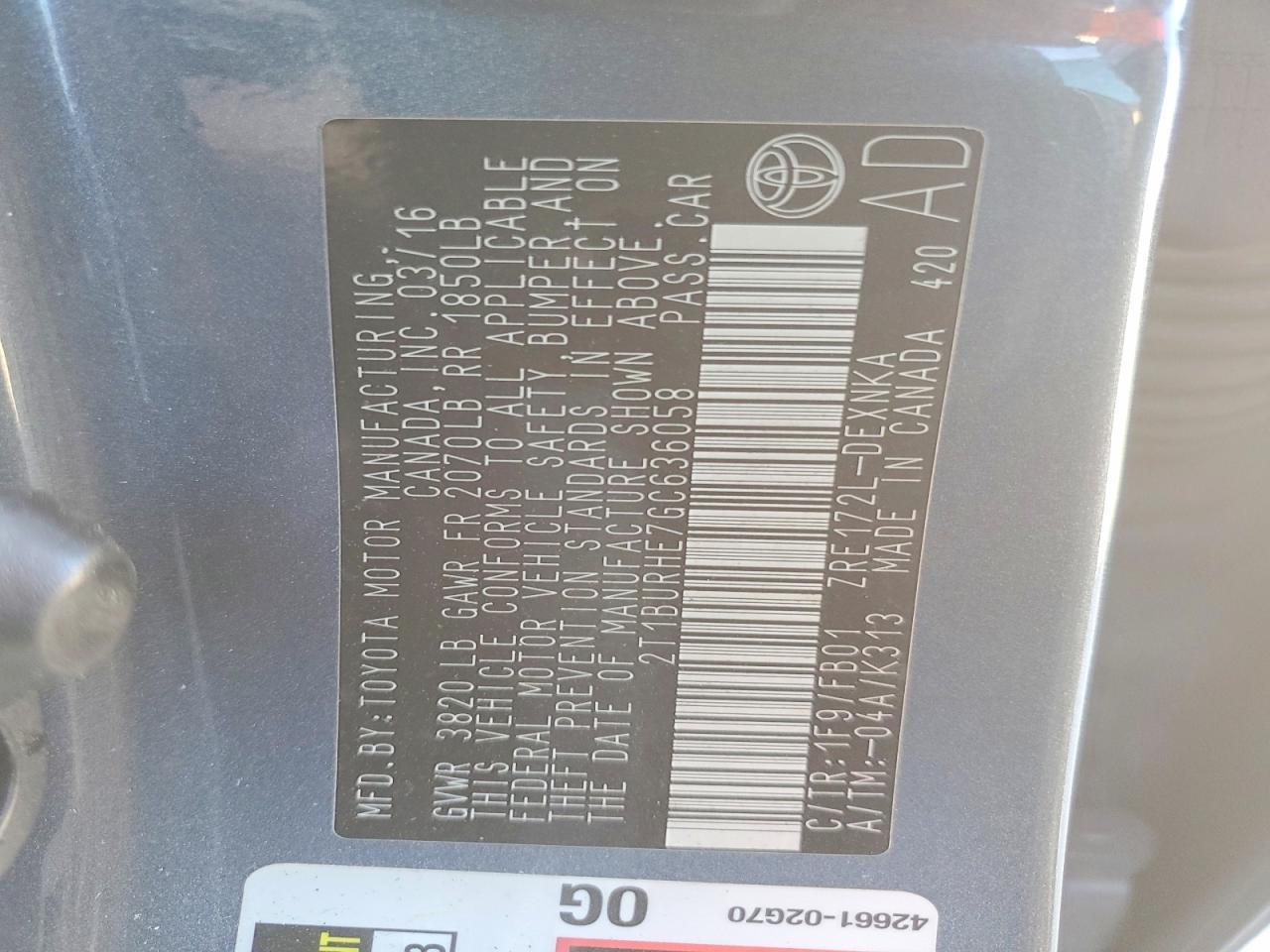 2016 TOYOTA COROLLA