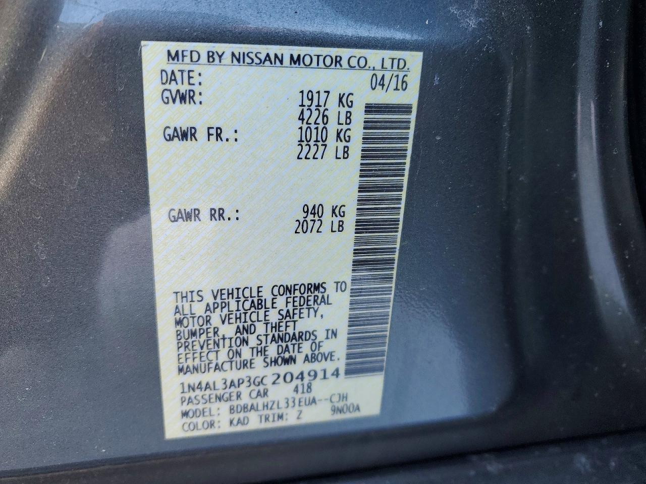 2016 NISSAN ALTIMA