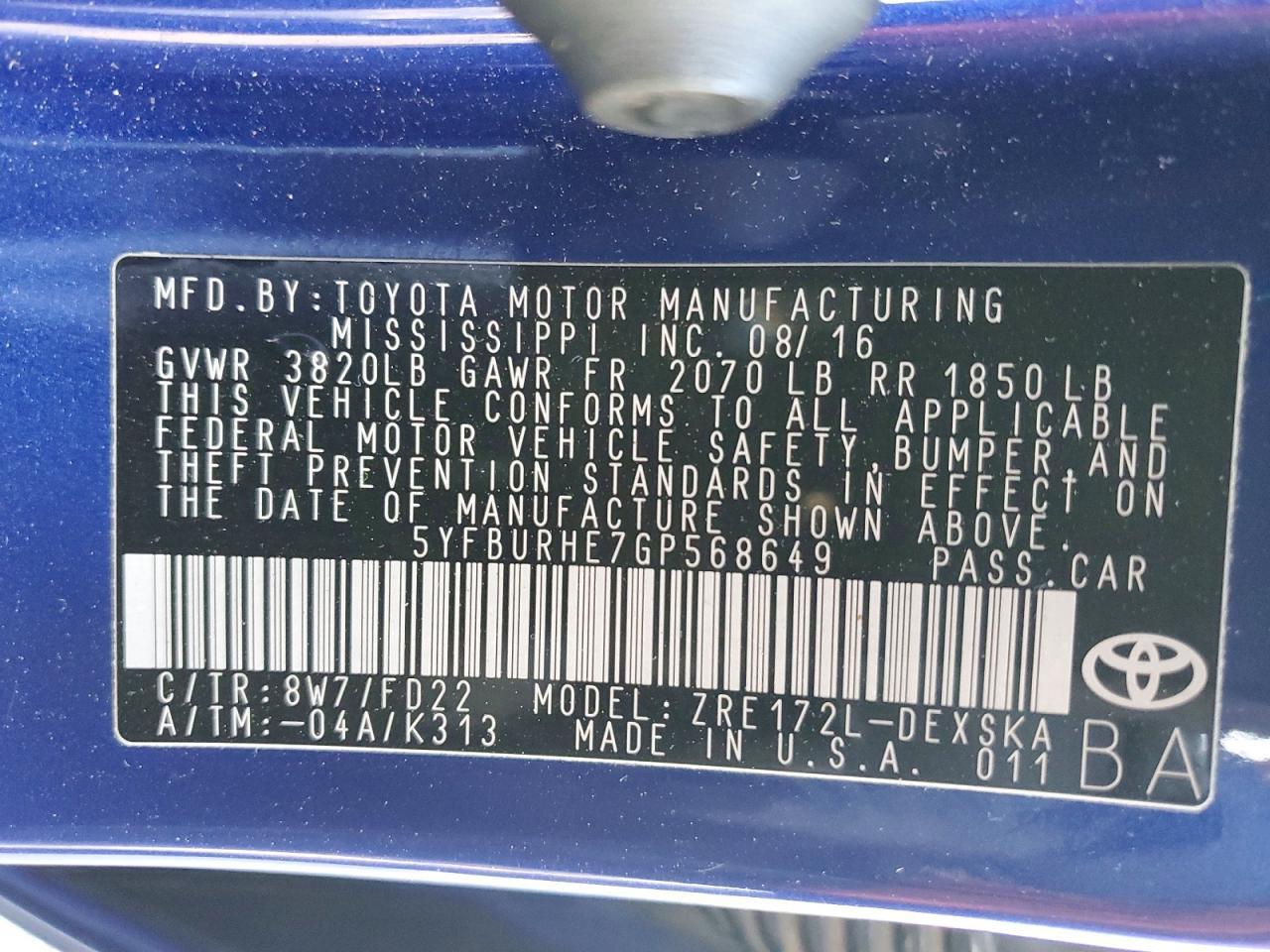 2016 TOYOTA COROLLA
