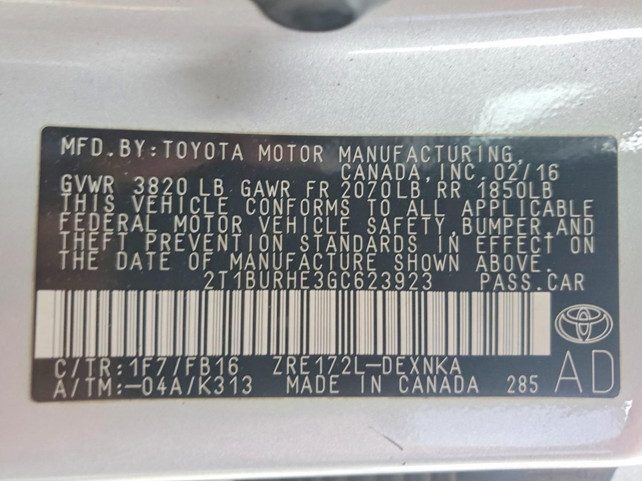 2016 TOYOTA COROLLA