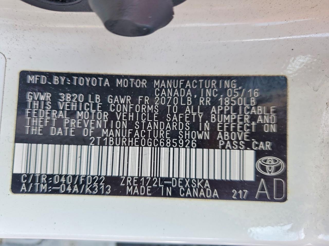 2016 TOYOTA COROLLA