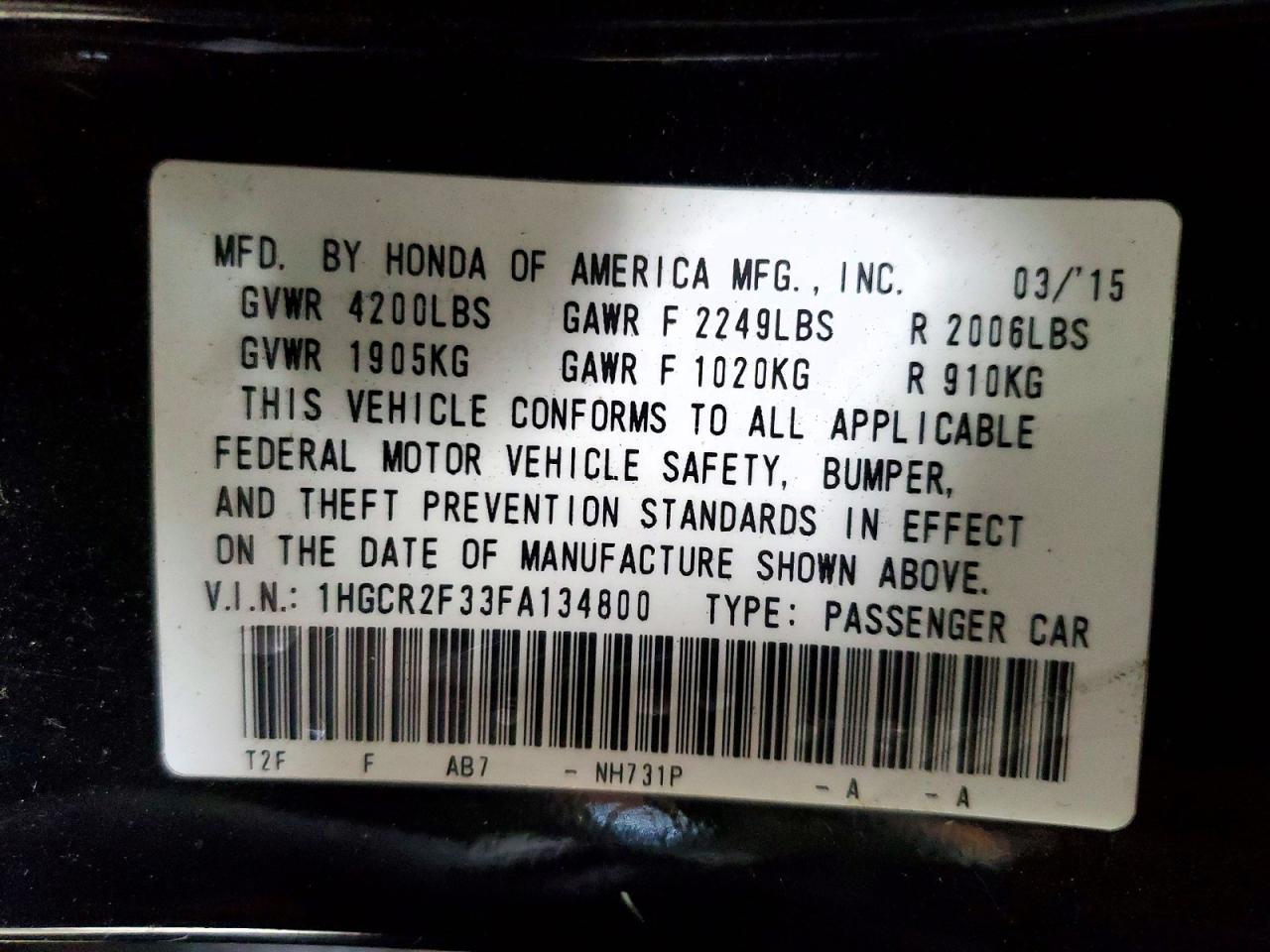 2015 HONDA ACCORD