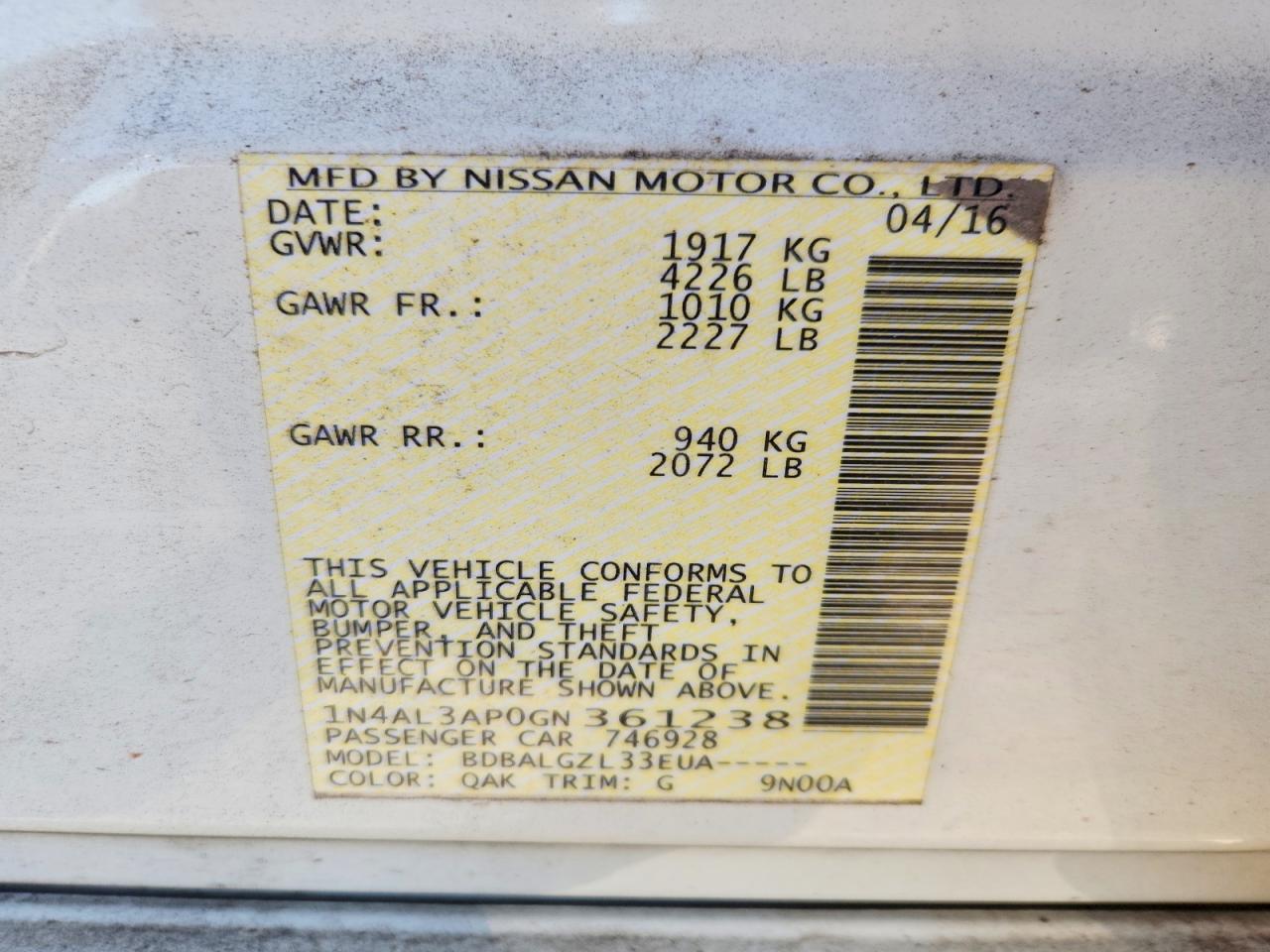 2016 NISSAN ALTIMA