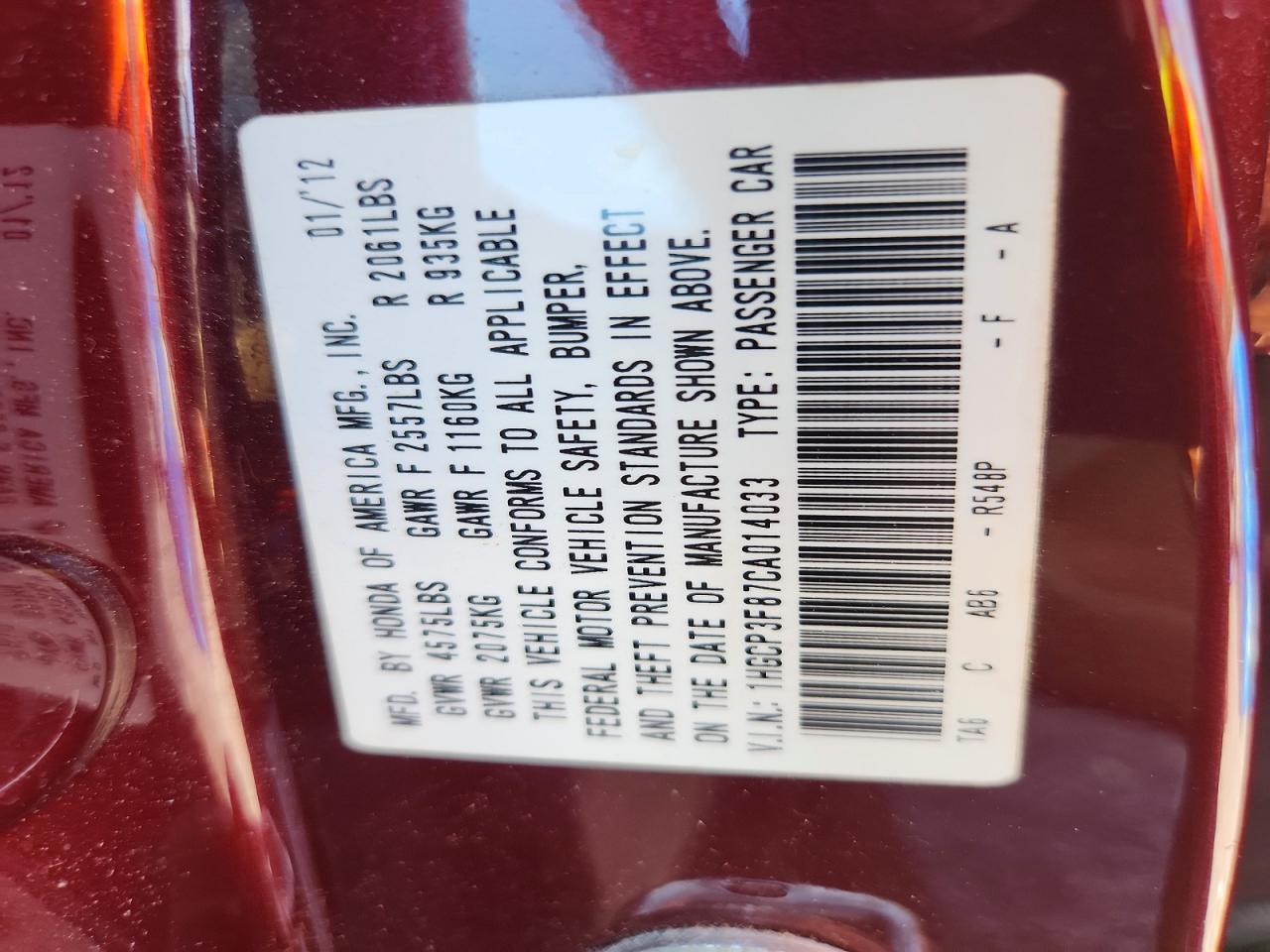 2012 HONDA ACCORD