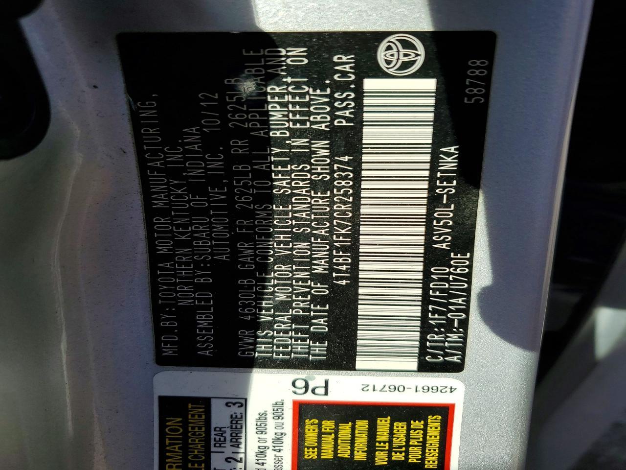 2012 TOYOTA CAMRY