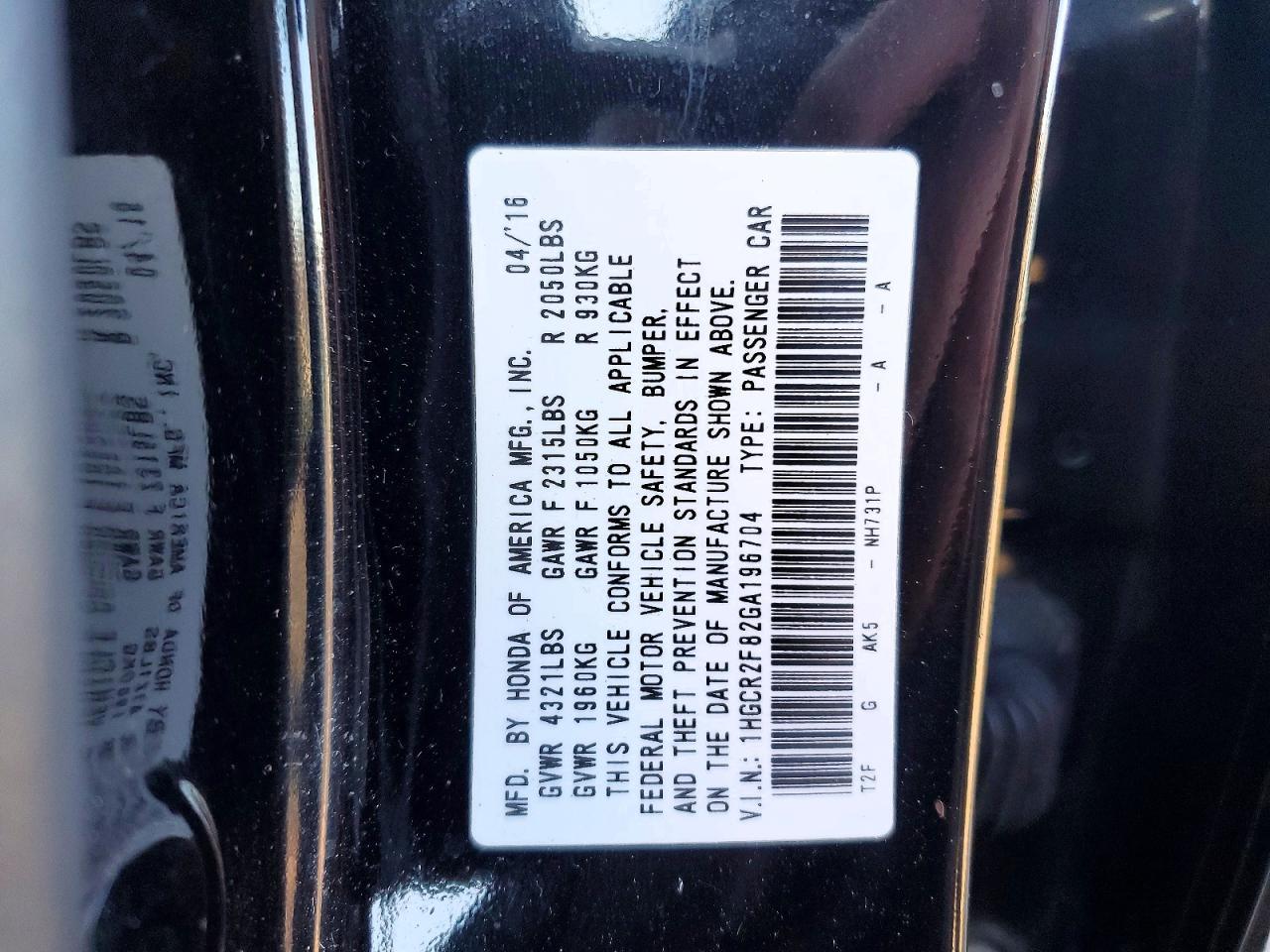 2016 HONDA ACCORD
