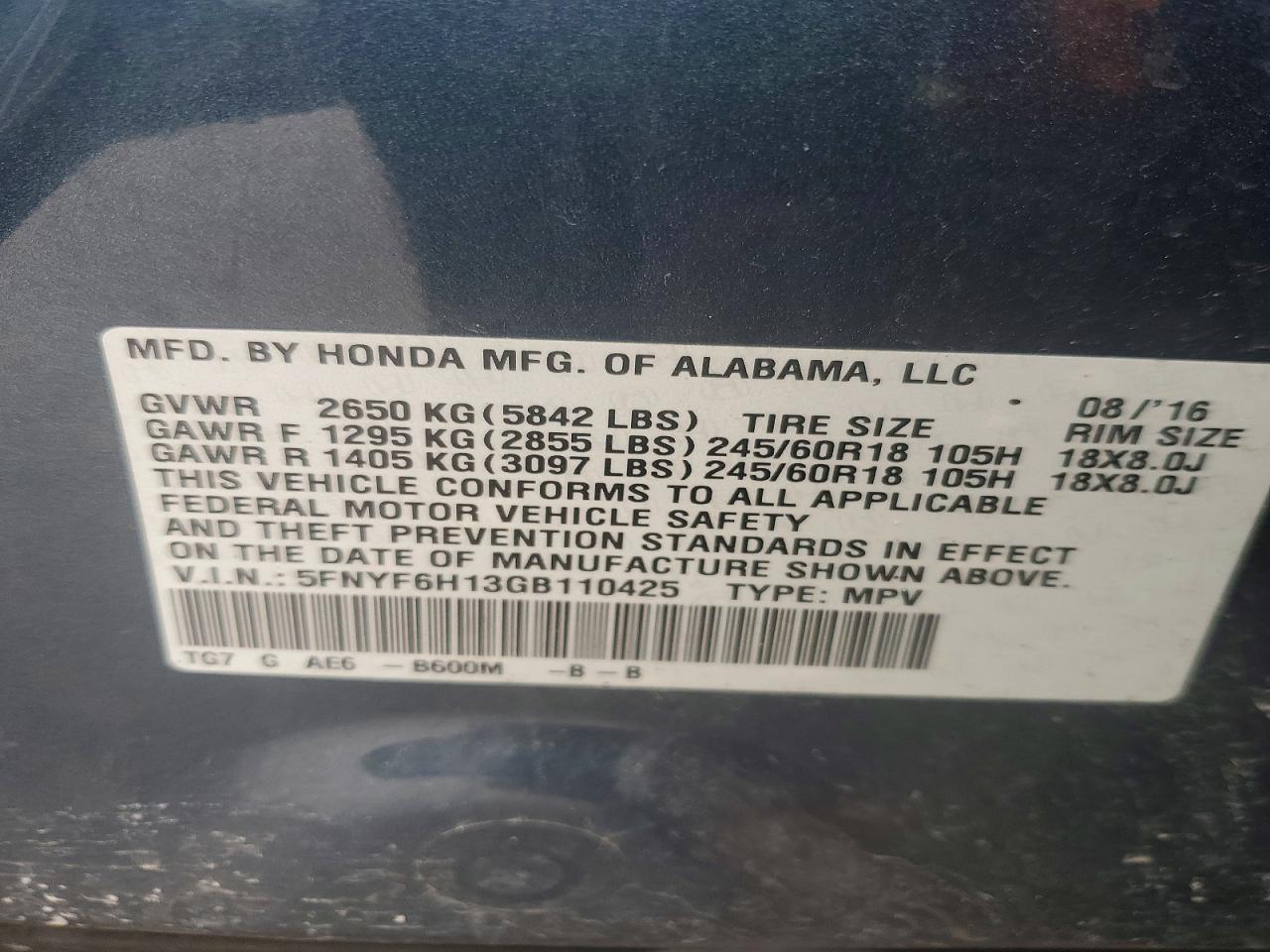 2016 HONDA PILOT