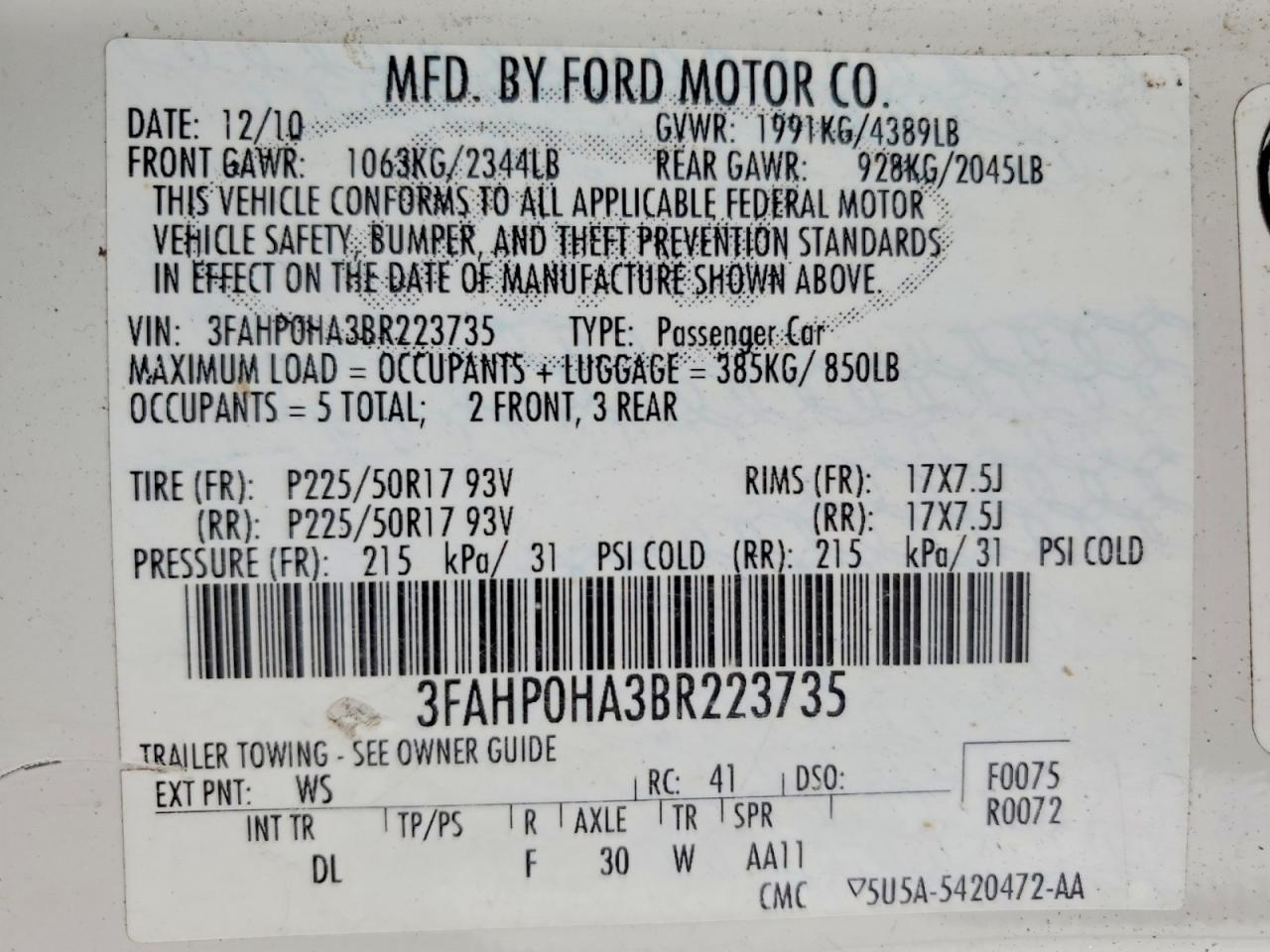 2011 FORD FUSION