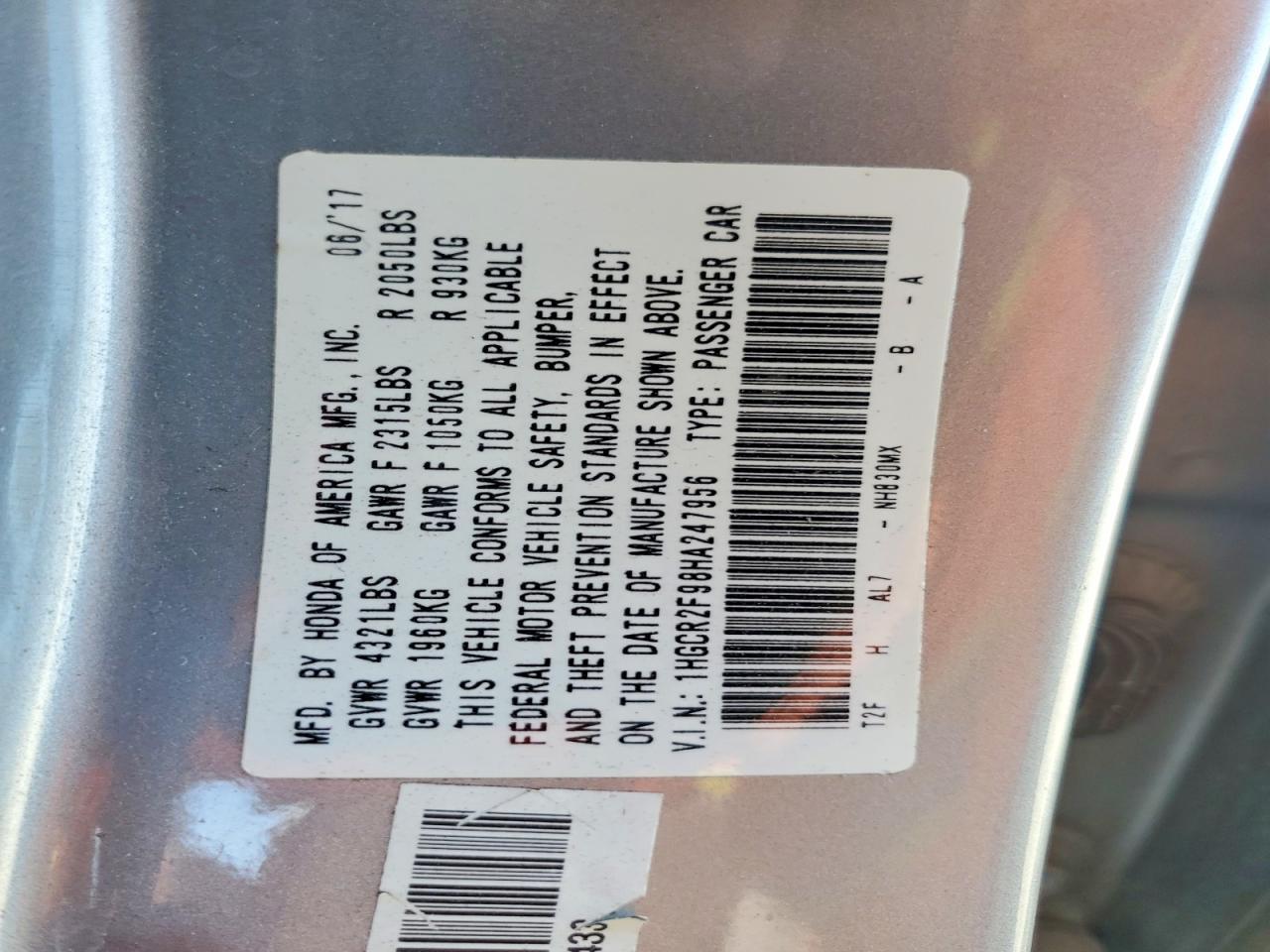 2017 HONDA ACCORD