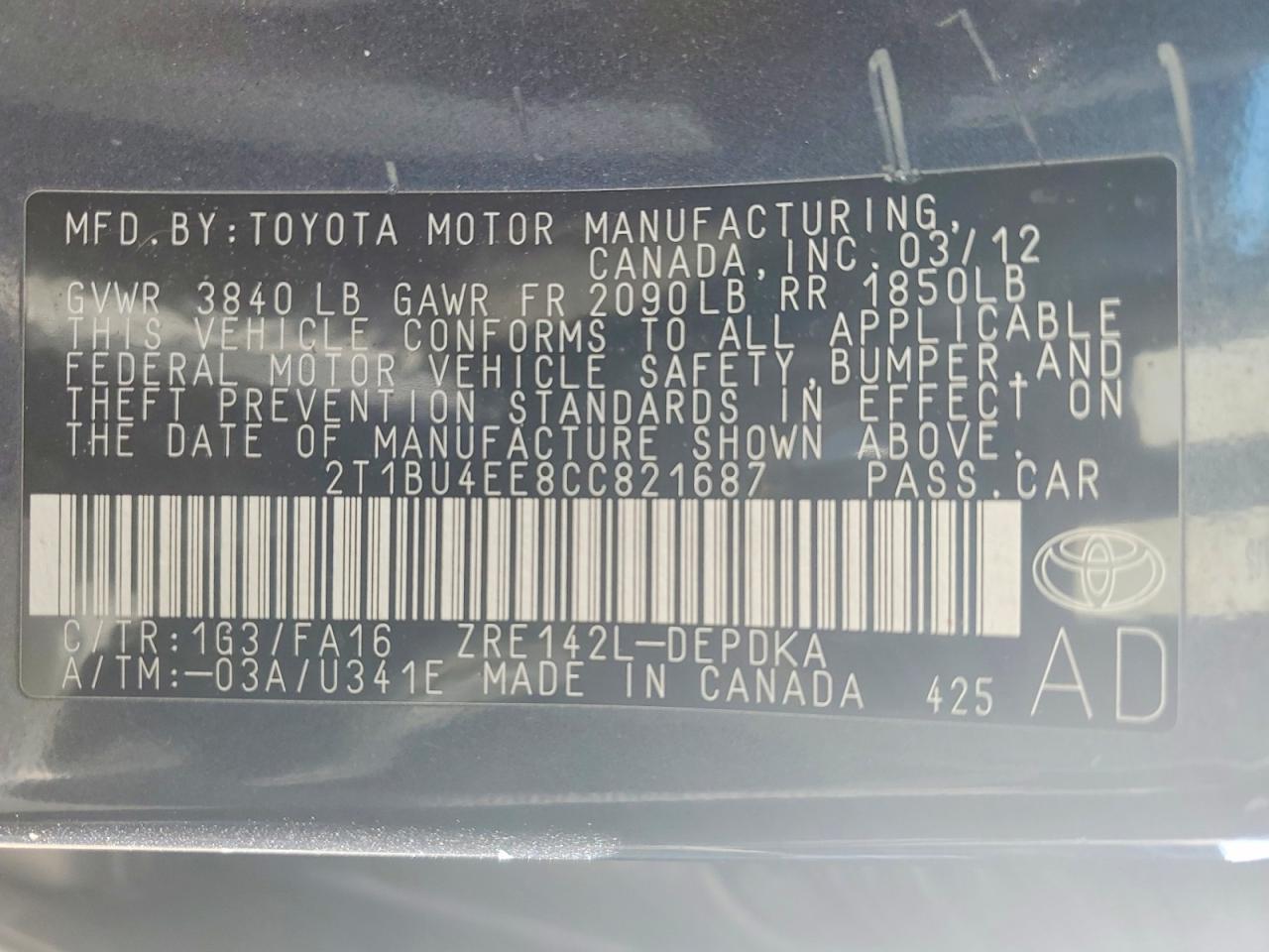 2012 TOYOTA COROLLA