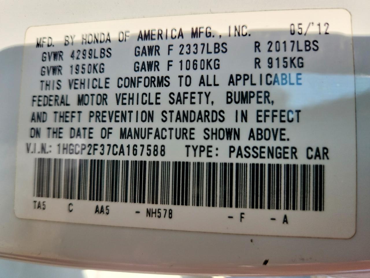 2012 HONDA ACCORD