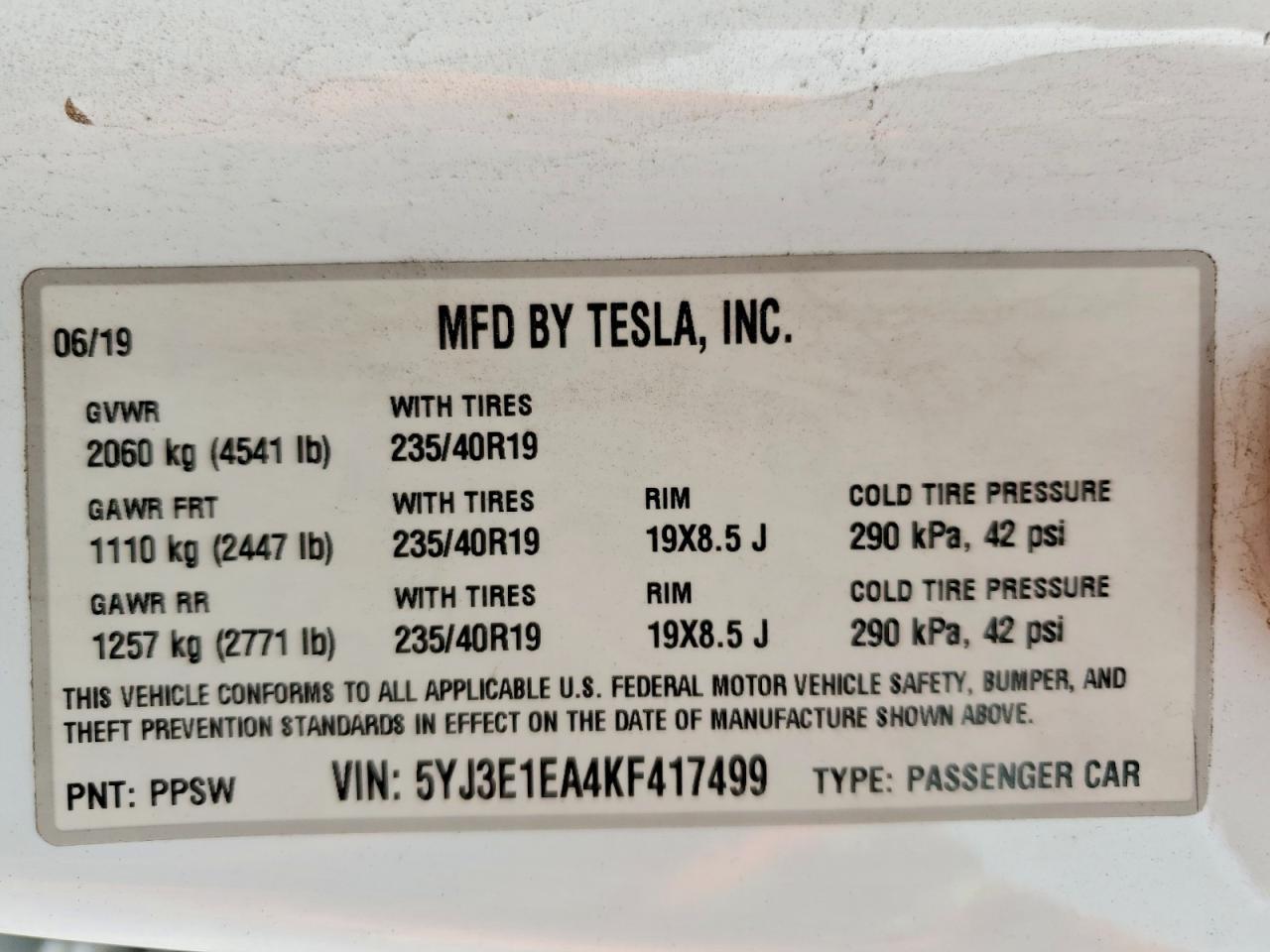 2019 TESLA MODEL 3