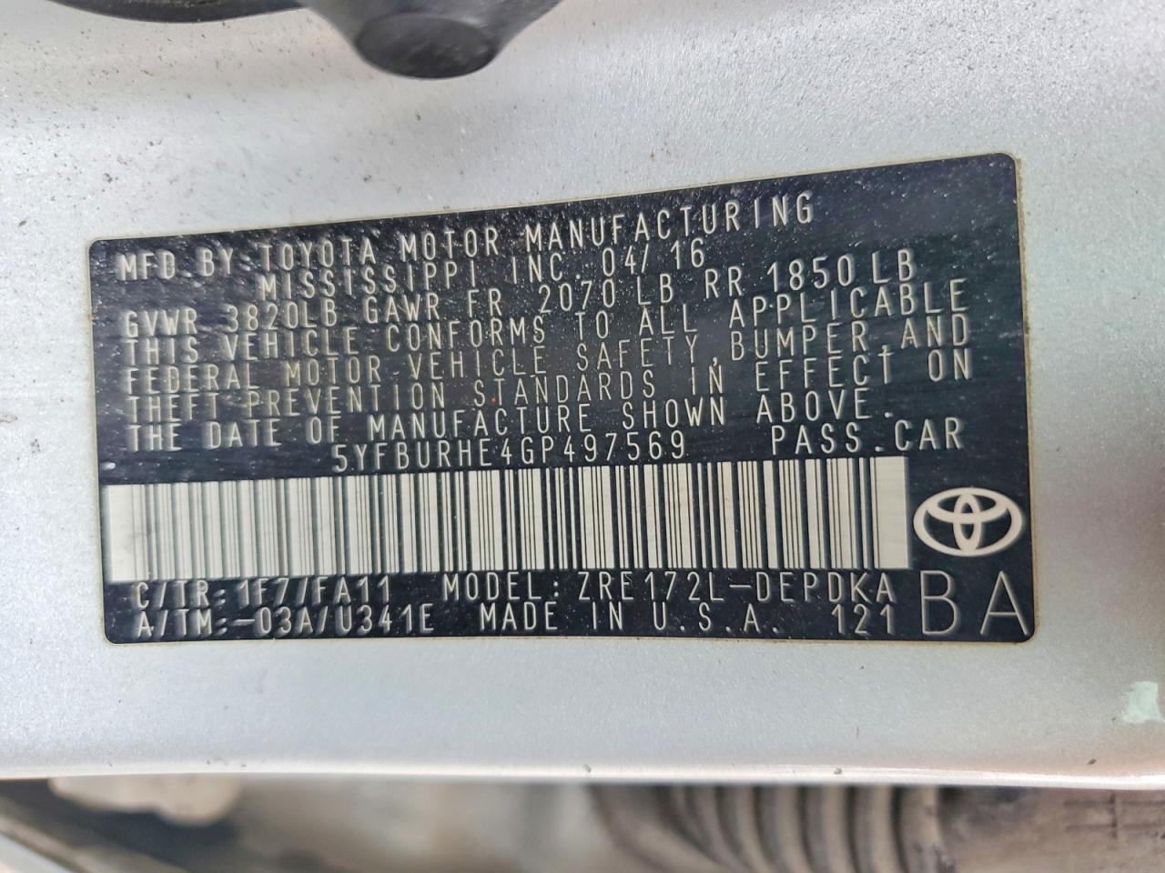 2016 TOYOTA COROLLA