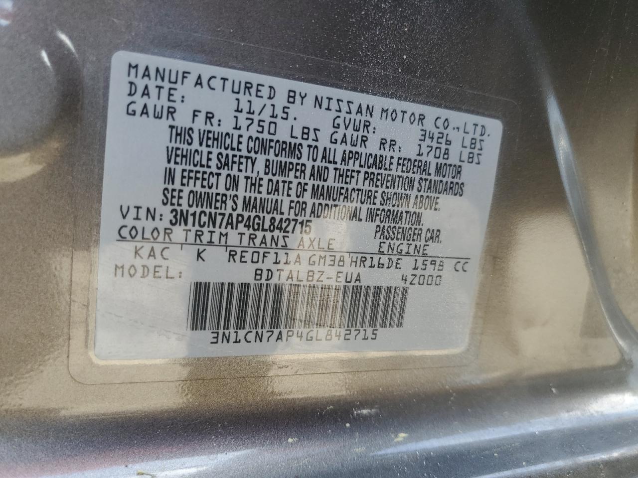 2016 NISSAN VERSA