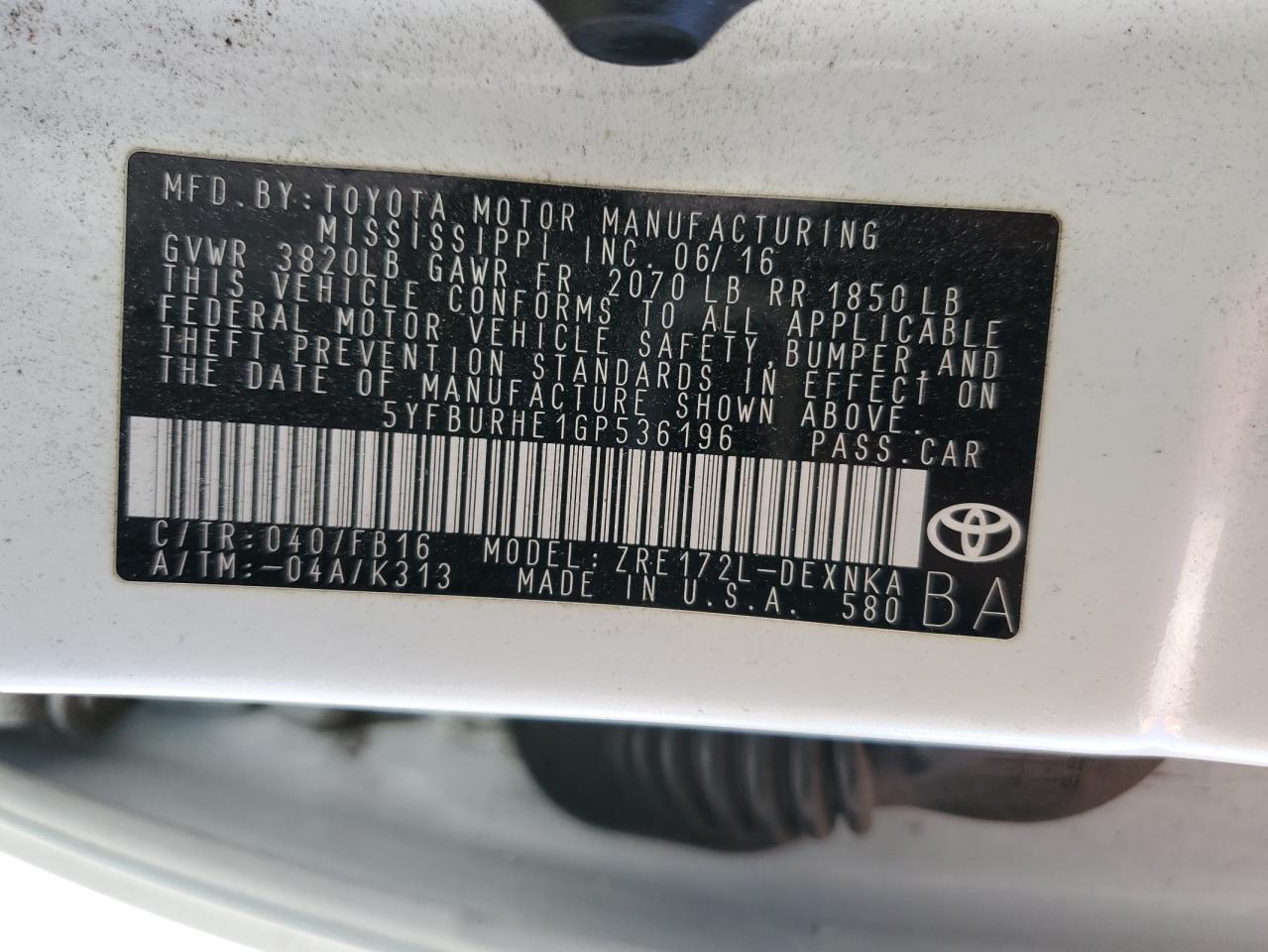 2016 TOYOTA COROLLA