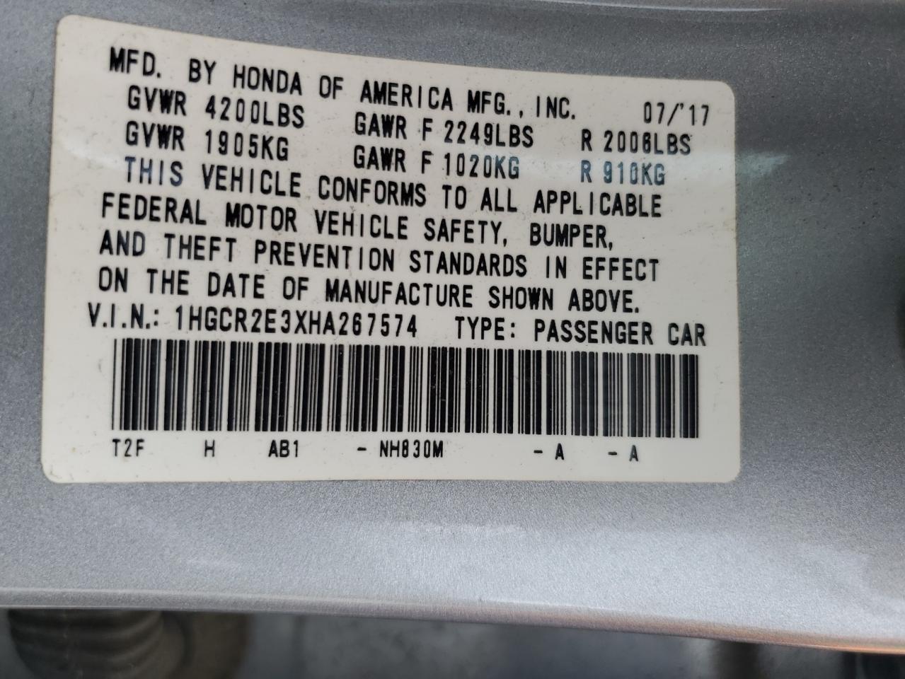 2017 HONDA ACCORD
