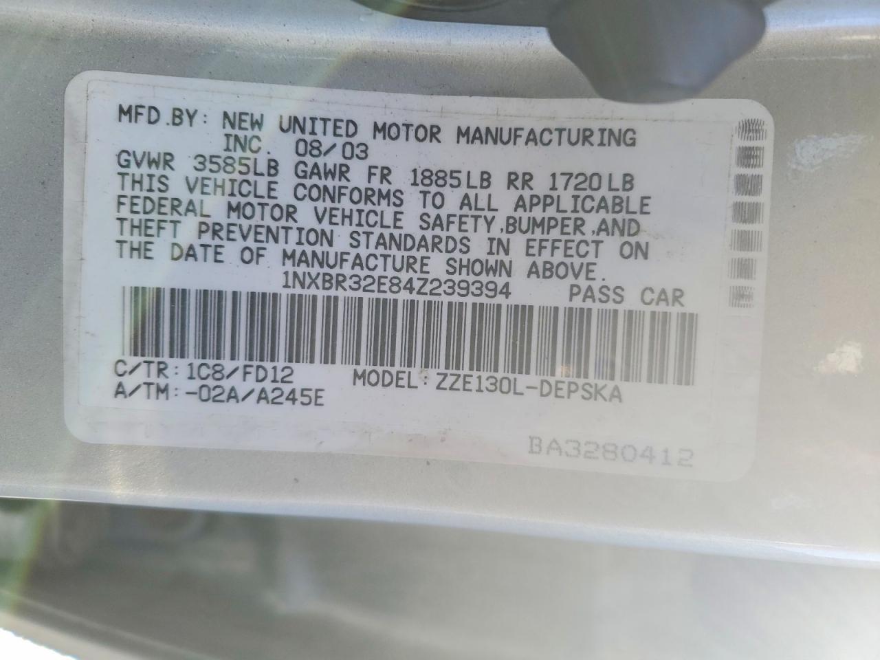 2004 TOYOTA COROLLA