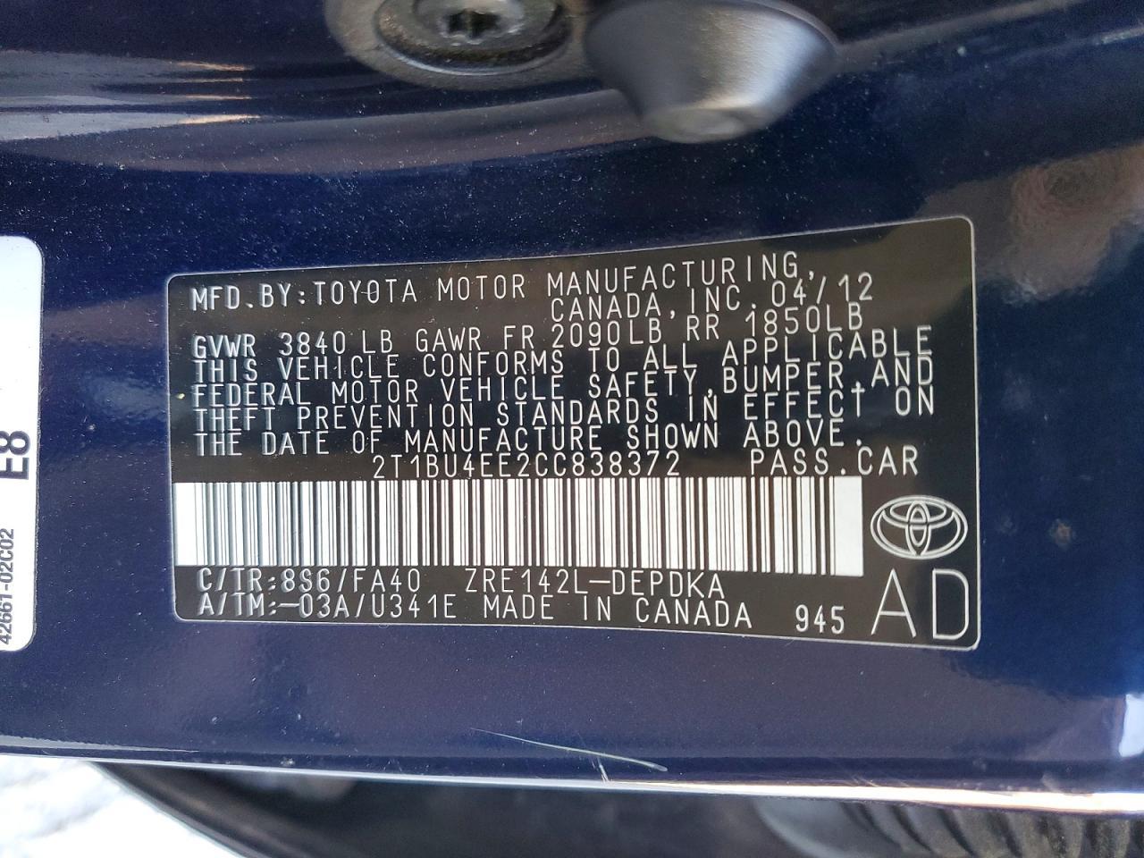 2012 TOYOTA COROLLA